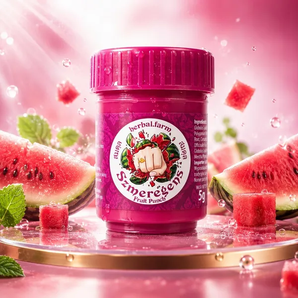 Szmeregens Fruit Punch wśród plastrów arbuza na różowym tle